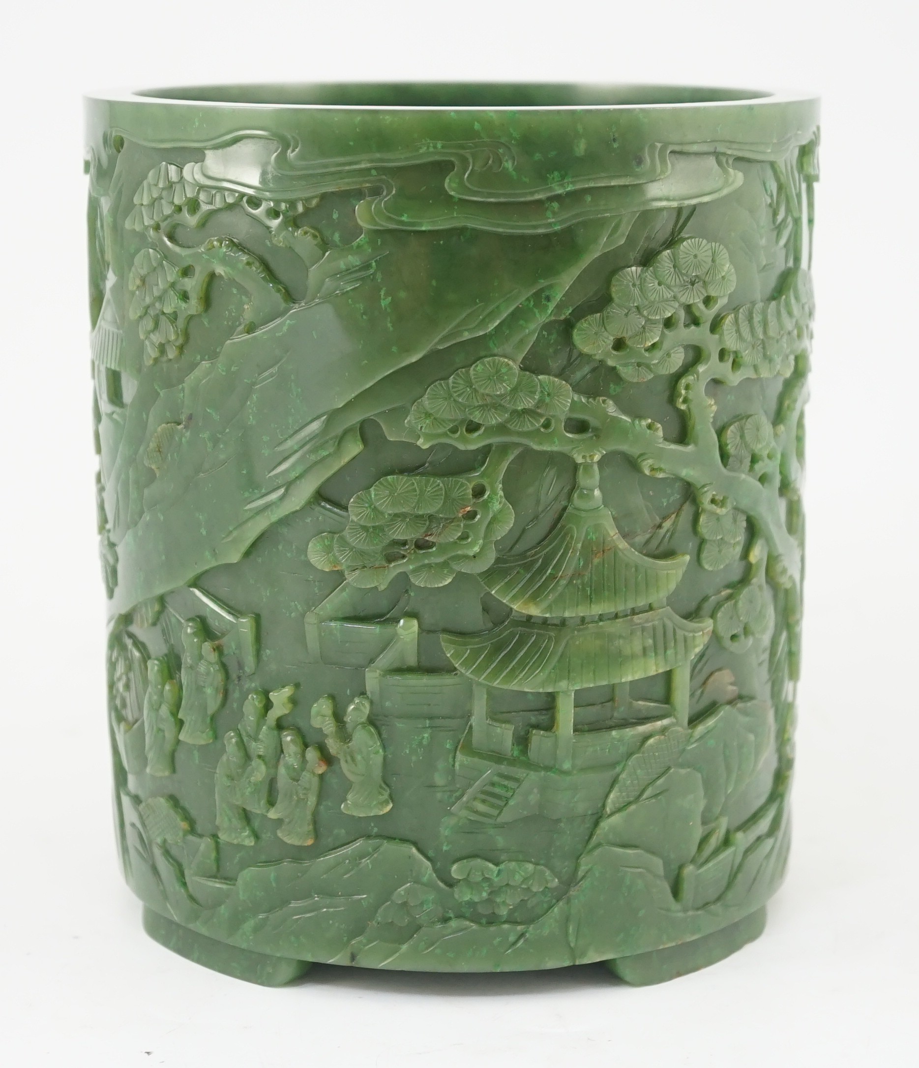 A large Chinese spinach green jade brushpot, bitong, 16.8cm high, 14.9cm diameter